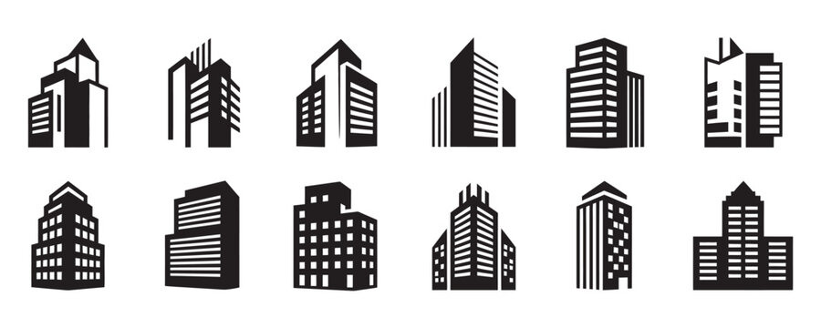 Modern city skyline icons for real estate and construction businesses seeking professional, contemporary designs for branding and marketing materials