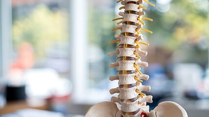 Close up detailed view of a human spine model showing vertebrae discs and spinal cord with blurred background suggesting a medical office or clinic setting
