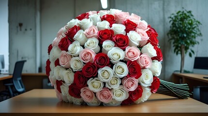 Beautiful Mixed Rose Bouquet in Matte Black Wrapping with Soft Natural Light