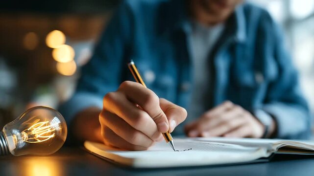 Faceless videographer reviewing storyboard with lightbulb creative scene concepts digital marketing video planning production strategy sketches and notes defocused with copy