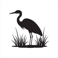 Heron or Egret Bird Standing in Grass Silhouette