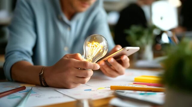 Hands testing mobile app prototype with lightbulb usability insight appearing creative product development digital marketing tool user testing workspace defocused face not sho