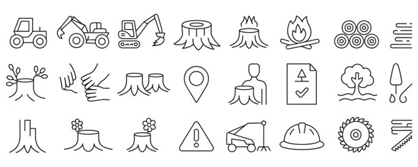 Naklejka premium Explore a collection of forestry icons representing tree removal, deforestation, logging, and reforestation in a modern line art style