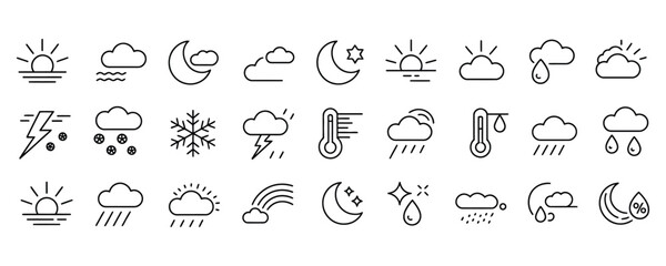 Dynamic weather forecast icons for app design and climate reports featuring sun, moon, clouds, rain, and temperature changes for modern interfaces