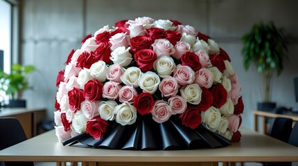 Luxury Gift Concept: 70+ Mixed Roses Bouquet Lying on Shared Workspace Desk