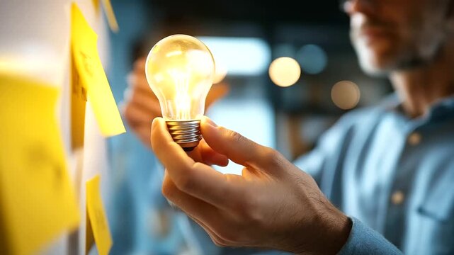Hands brainstorming on whiteboard with lightbulb campaign concept sketch creative strategy session digital marketing ideation sticky notes visible face not shown defocused