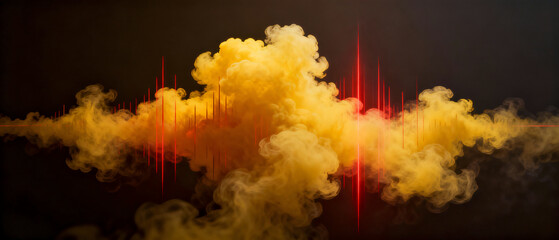 Abstract 3D Render of a Loud Sound Wave or Audio Equalizer Represented by a Voluminous Yellow and Orange Smoke Cloud with Pulsing Red Neon Light Bars on a Dark Background