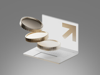 3D icon of golden coins emerging from a laptop screen with an upward arrow. Concept of online revenue growth, digital business, and financial success.
