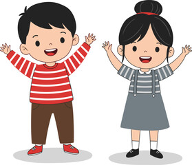 Happy boy and girl standing together, smiling kids raising hands, cute cartoon children illustration, friendship, joy, fun, childhood, school concept
