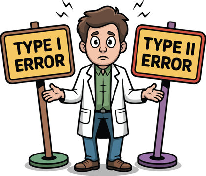 Cartoon scientist confused between type I and type I error signs type II error