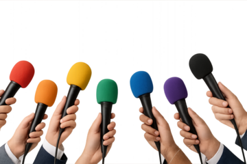 Many hands holding colorful microphones for a press conference or interview. Isolated on transparent background, png