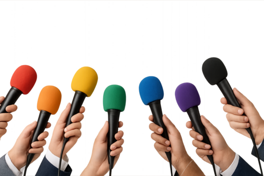 Many hands holding colorful microphones for a press conference or interview. Isolated on transparent background, png