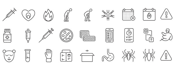 Comprehensive disease prevention icon set for proactive health awareness campaigns and medical education outreach showcasing treatment options