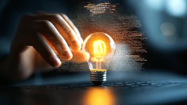 Hand touching glowing lightbulb surrounded by binary code and data streams creative programming concept digital development innovation in technology keyboard defocused below