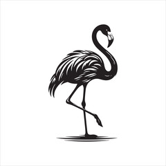 Flamingo Bird Standing on One Leg Engraving Style Silhouette