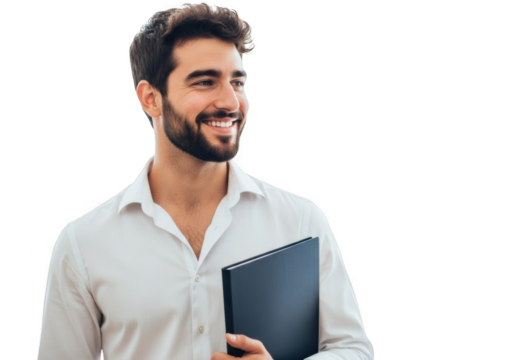 Smiling bearded man in white shirt holding a black folder looking to the side isolated on transparent background