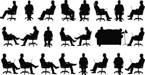 Silhouette business people sitting on office chair working on laptop, teamwork communication concept, corporate workspace, professional productivity illustration vector