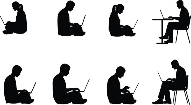 People silhouettes working on laptops, sitting and typing, remote work concept, digital communication, modern technology lifestyle, productivity illustration, workspace design