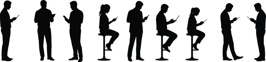Business people silhouette collection, office professionals using smartphones and laptops, teamwork and communication concept, corporate digital lifestyle, modern workplace posture design