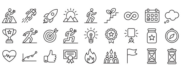Naklejka premium Dynamic set of vector icons for business success, career goals, and personal achievements that inspire and motivate on white background