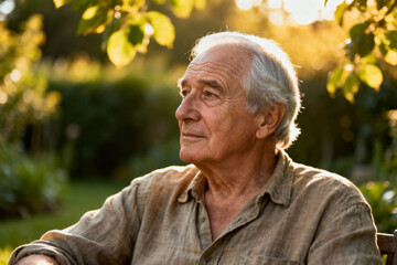 An older man reflecting on life in a serene garden setting during the golden hour of evening