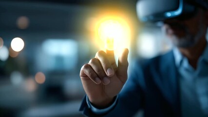 Hand touching ARVR interface with lightbulb immersive marketing concept creative emerging technology digital future strategy headset visible face not shown defocused lab wit - Powered by Adobe