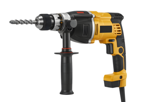 Yellow and black power drill with a drill bit attached, isolated on white.