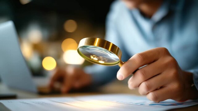 Hands holding magnifying glass over spreadsheet with lightbulb hidden insight revealed creative data mining digital analysis discovery laptop defocused face not shown with cop