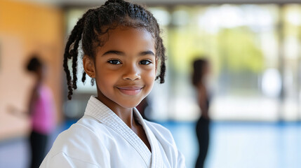 Bright-smiling karate student surrounded by classmates