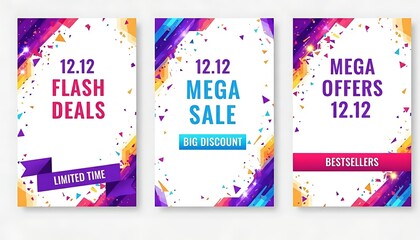 Three vibrant posters advertising 1212 flash deals, mega sale, and mega offers