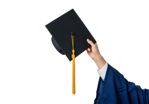 Graduation cap toss celebration moment of achievement wearing academic regalia isolated on transparent background