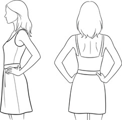 Elegant female fashion template showing side and back view outline of woman model in dress design sketch, suitable for apparel illustration