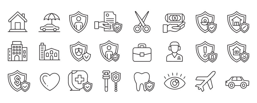 Comprehensive insurance coverage icons for home, health, auto, travel and life protection with risk management assurances and secure finances