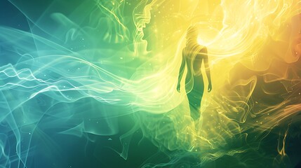 Silhouette in flowing energy field with vibrant green, yellow, and blue color scheme