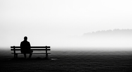 Contemplative person sitting alone on park bench in misty morning light with minimalist aesthetic perfect for conveying solitude