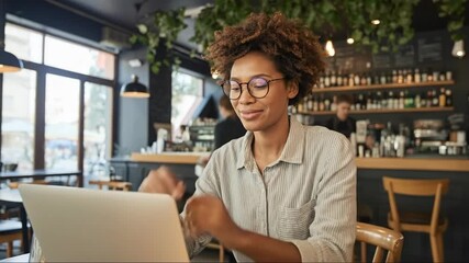 Woman working on laptop in cafe looking at screen freelance work remote job coffee shop business online - Powered by Adobe