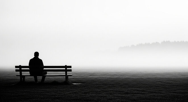 Contemplative person sitting alone on park bench in misty morning light with minimalist aesthetic perfect for conveying solitude