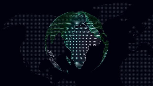 Abstract blue technology world map on a dark background showing the global business continents