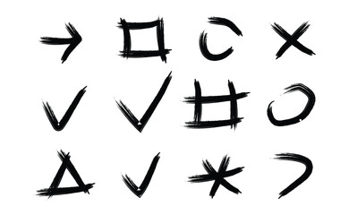 Hand drawn brush stroke symbols arrows check marks circles shapes and icons clipart set
