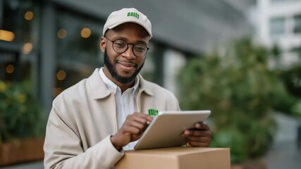 Delivery worker using tablet and insulated box with green energy branding — symbolizing carbon-neutral commerce, sustainable urban lifestyle, and digital efficiency in the last mile. cinematic
