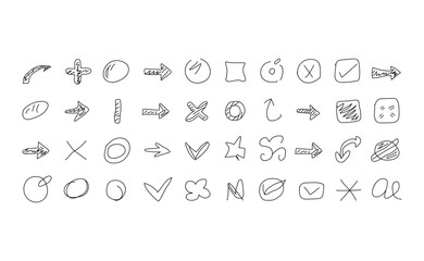 Hand drawn doodle icons set with arrows circles checkmarks and scribbles