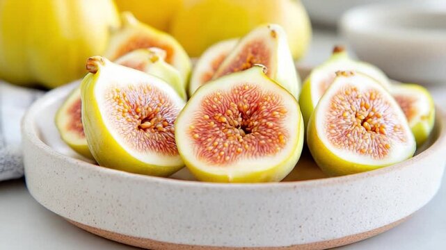 Fresh Fig Delight: A close-up shot of freshly sliced figs artfully arranged on a ceramic plate, capturing the sweet, juicy texture and inviting colors of this delicious fruit.