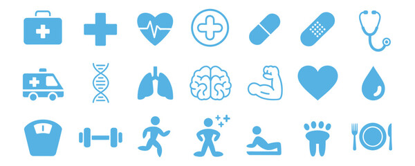 Modern blue health and wellness icons set perfect for medical designs or healthcare app interfaces promoting healthy lifestyle choices