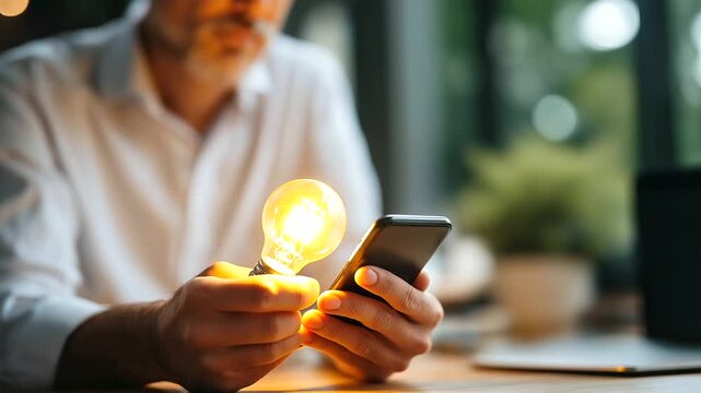 Hands testing mobile app prototype with lightbulb usability insight appearing creative product development digital marketing tool user testing workspace defocused face not sho