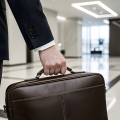 Close-up of Businessman's Hand Holding a Leather Briefcase