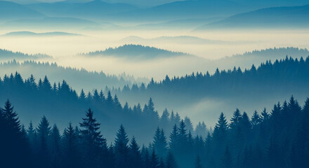 Obraz premium A misty mountain range covered in evergreen trees with a blue and white color gradient landscape view