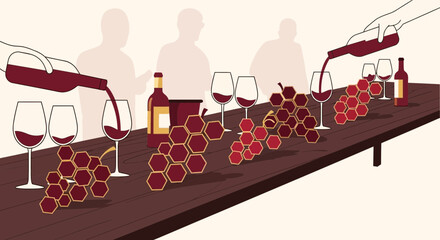 Aesthetic wine tasting event with geometric grapes and smooth wine pouring concept