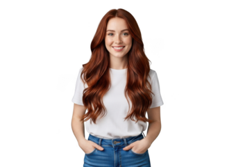 A young woman with long wavy auburn hair wearing a white t shirt and blue jeans smiling with hands in pockets isolated on transparent background