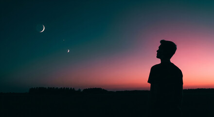 Dreamy night sky with crescent moons and a silhouette of a person looking up in wonder at the stars during the twilight hours