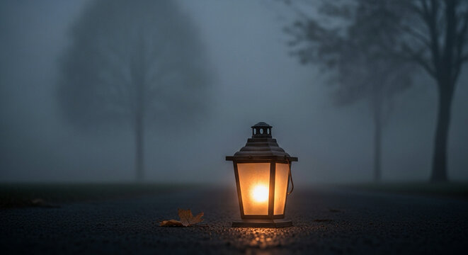 soft glowing lantern in foggy environment, muted tones, symbolic remembrance